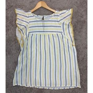 Staccato Striped Pom Pom Flutter Sleeve Top Casual Summer Blouse Size M